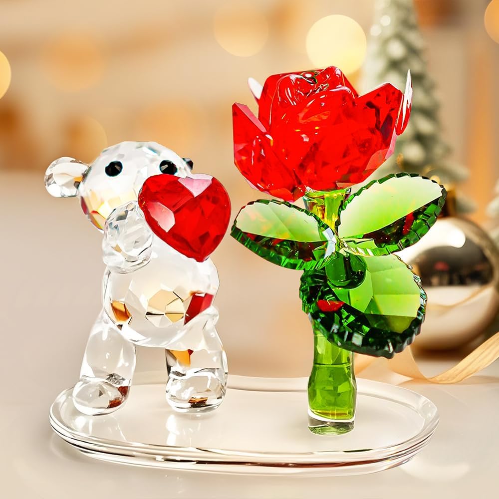H&D HYALINE & DORA Crystal Bear Heart& Red Rose Flower Crystal Animal Figurine Collectible Cut Glass Art Craft Ornament with Glass Base