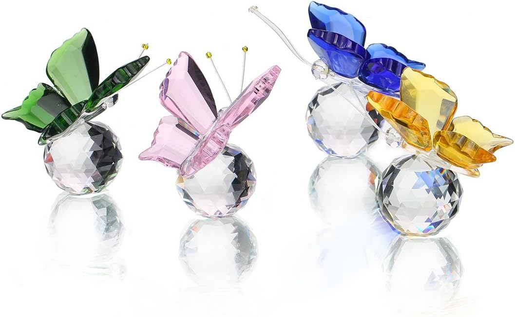 H&D HYALINE & DORA Crystal Flying Butterfly with Crystal Ball Base Figurine Collection Cut Glass Ornament Statue Animal Collectible Pack of 4