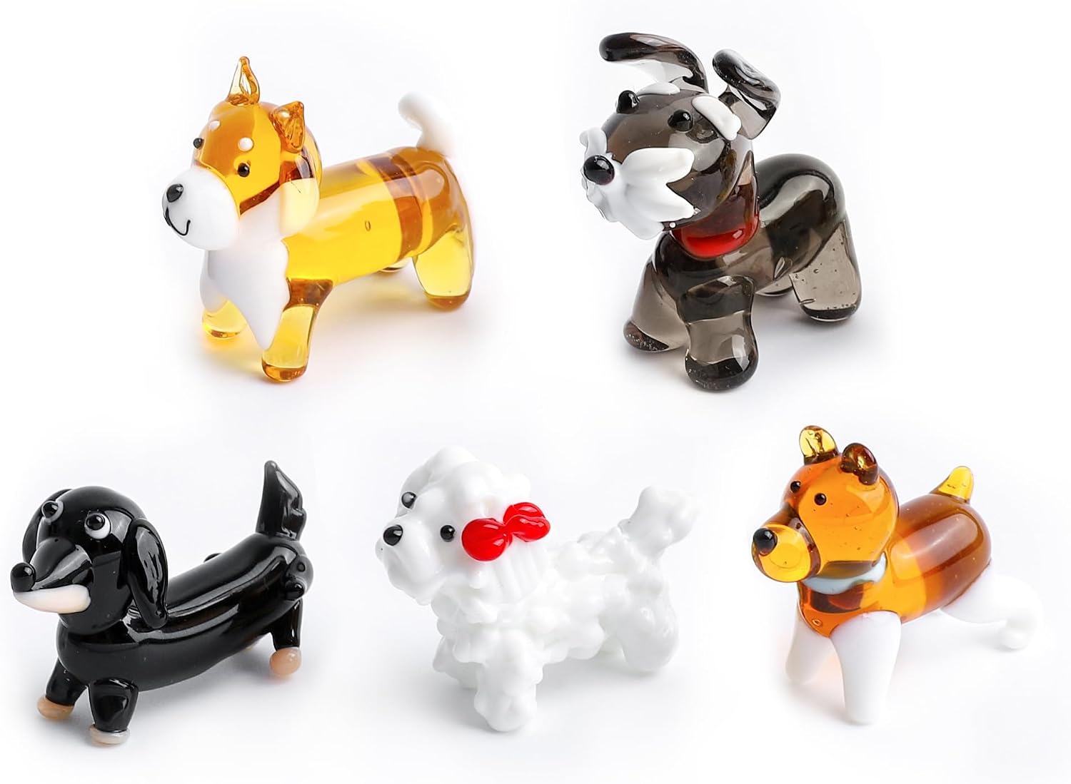 H&D HYALINE & DORA 5 Piece Hand Blown Glass Figurines Mini Dog Statue Includes Dachshund, Beagle Dog, Puppies Glass Animal Figurines