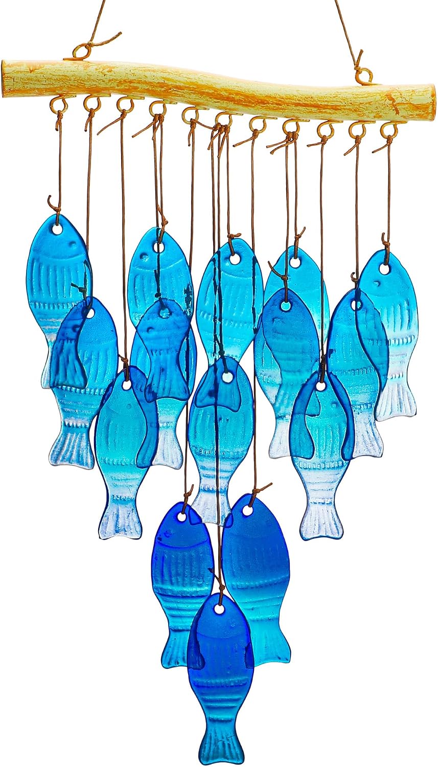 23" Blue Glass Sea Wind Chimes - Handcrafted Fish Wind Chimes