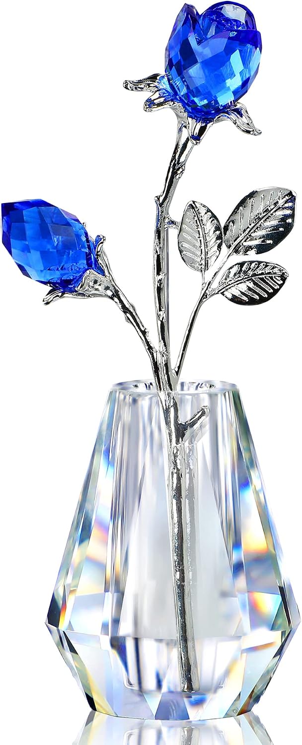H&D HYALINE & DORA Blue Crystals Roses with Sliver Metal Stem Glass Figurine Ornament Wedding Gifts