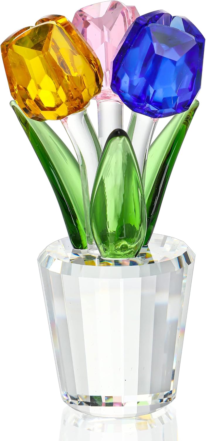 H&D HYALINE & DORA Colorful Crystal Tulip Flowers Figurine Collectible,Glass Flower Bouquet Paperweight,Gift