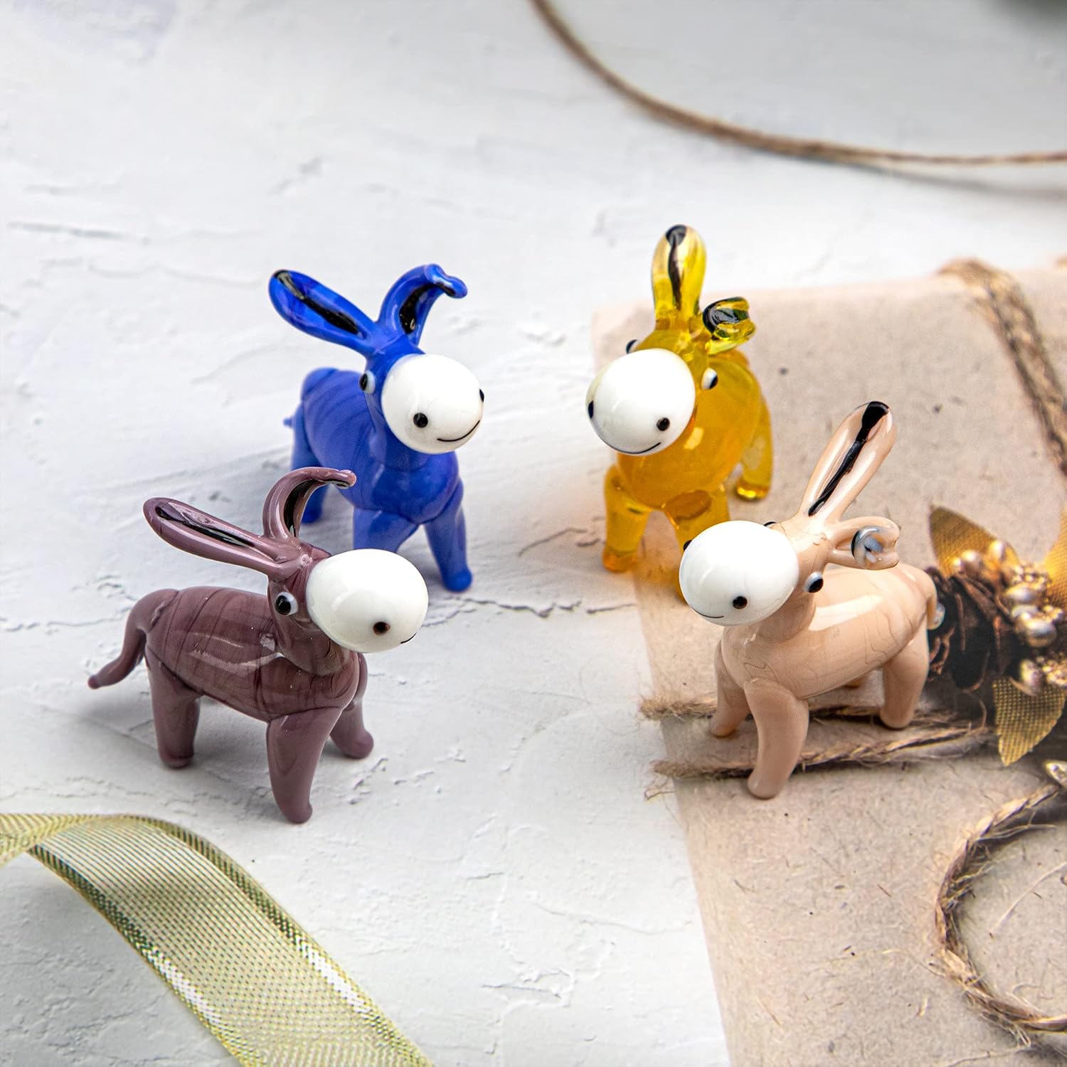 H&D HYALINE & DORA 4PCS Glass Hand Blown Art Donkey Sculptures - Glass Donkey Animal Figurines Miniature Paperweight Hand Blown Modern Animal Gift Home Decoration