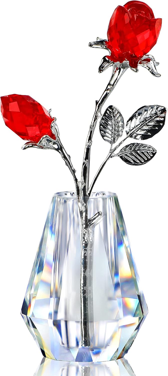 H&D HYALINE & DORA Crystal Red Rose Figurine Collectible Glass Double Roses Flowers Bouquets Ornament Decor