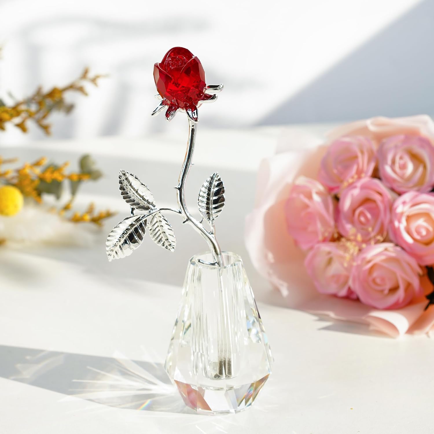 H&D HYALINE & DORA Crystal Rose Flower Figurine Ornament Glass Flower Tabletop Decorations Wedding Anniversary Valentines Gift