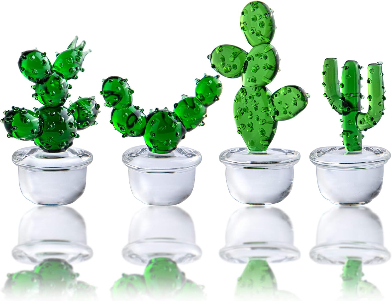 H&D HYALINE & DORA 4pcs Handmade Glass Blown Cactus Cute Crystal Art Cactus Figurines Collectibles Desk Tabletop Simulation Plants Decorations