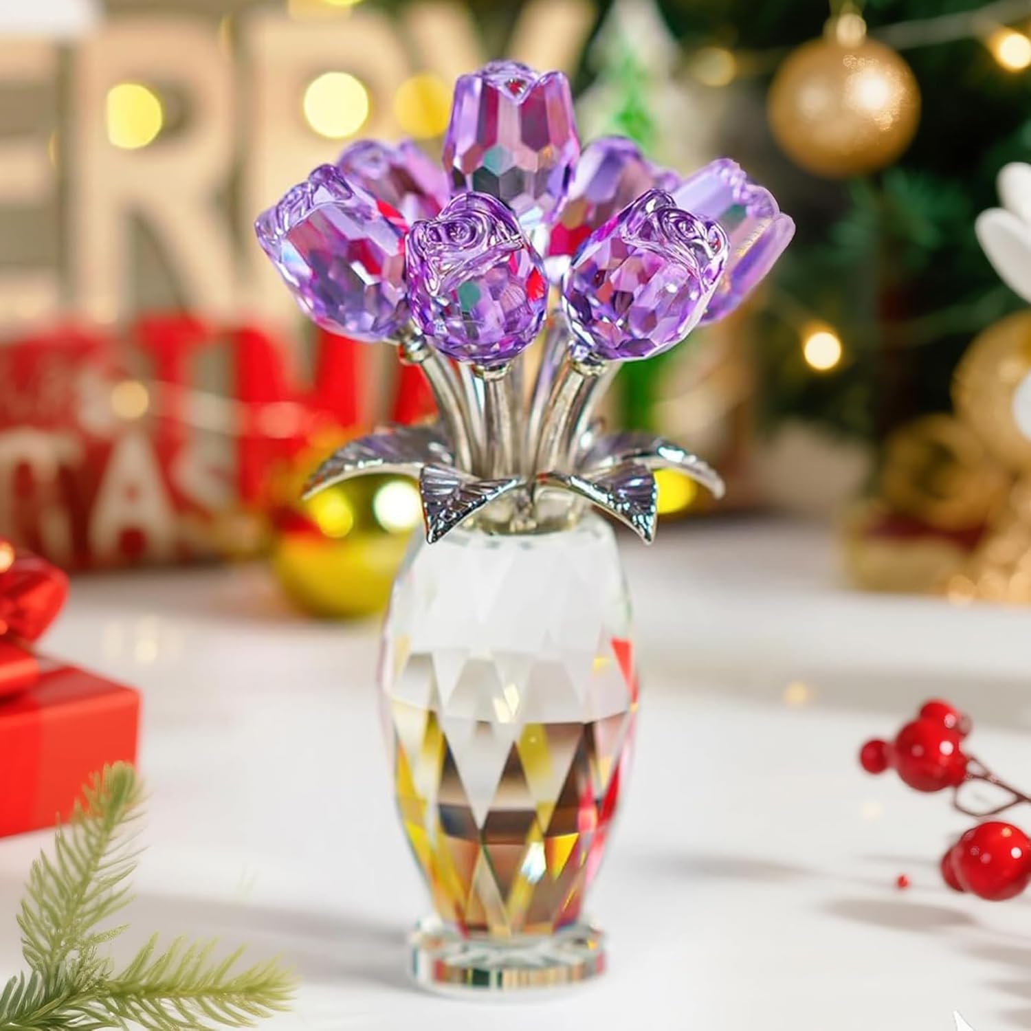 H&D HYALINE & DORA Crystal Rose Purple Flower Figurine,Rose Gifts