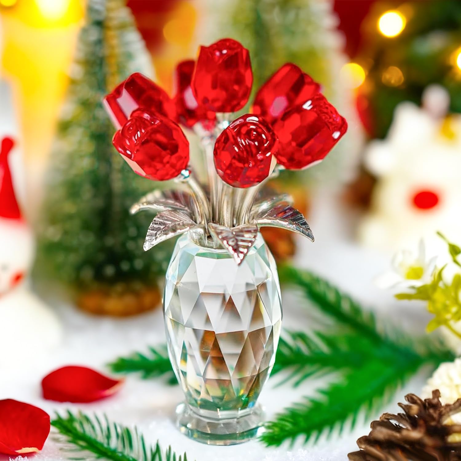 H&D HYALINE & DORA Crystal Rose Flower Figurine,Glass Flower Bouquet Ornament,Glass Rose Gift