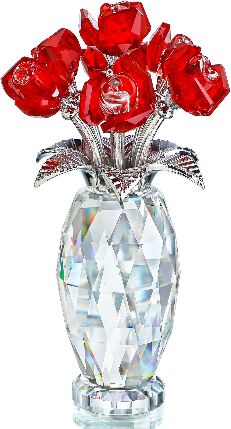Red Crystal Rose Flower Figurine with Base,Glass Flower Bouquet Gifts