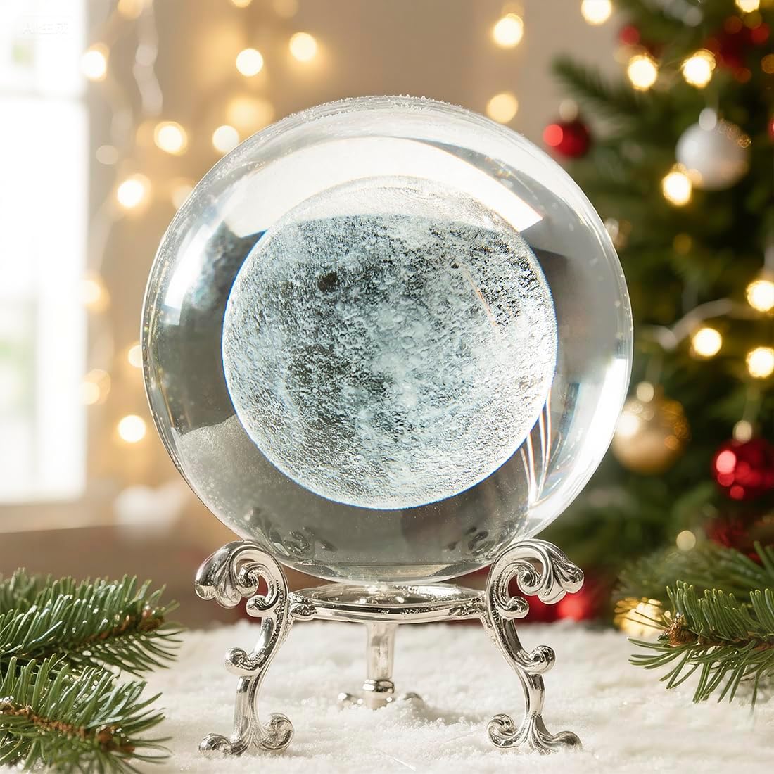 H&D HYALINE & DORA 70mm (2.75 Inch) 3D Laser Moon Crystal Glass Ball Paperweight with Metal Stand Home Decoration Collectible Gift