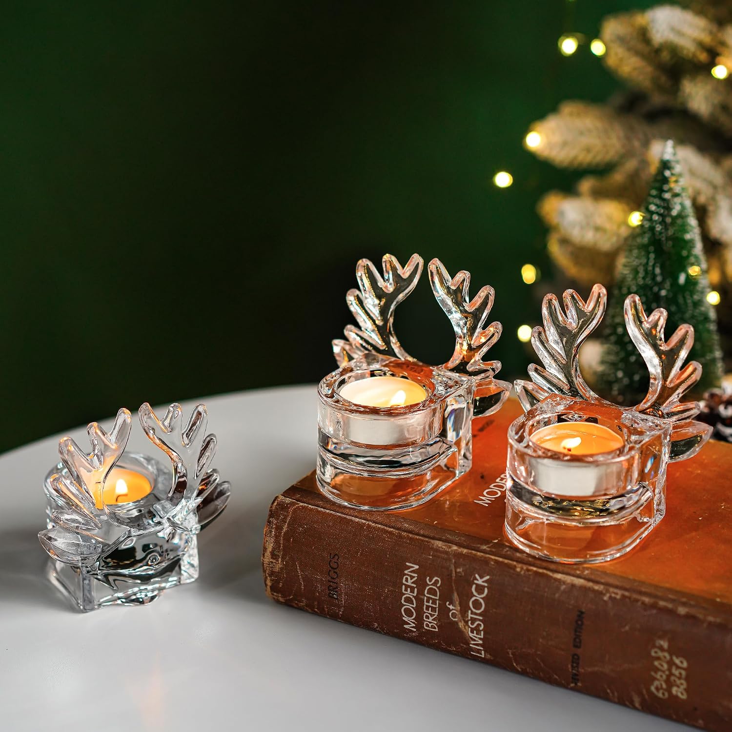 H&D HYALINE & DORA Clear Glass Christmas Reindeer Candle Holder Set of 3 Tealight Holder Votive Glass Candle Holder