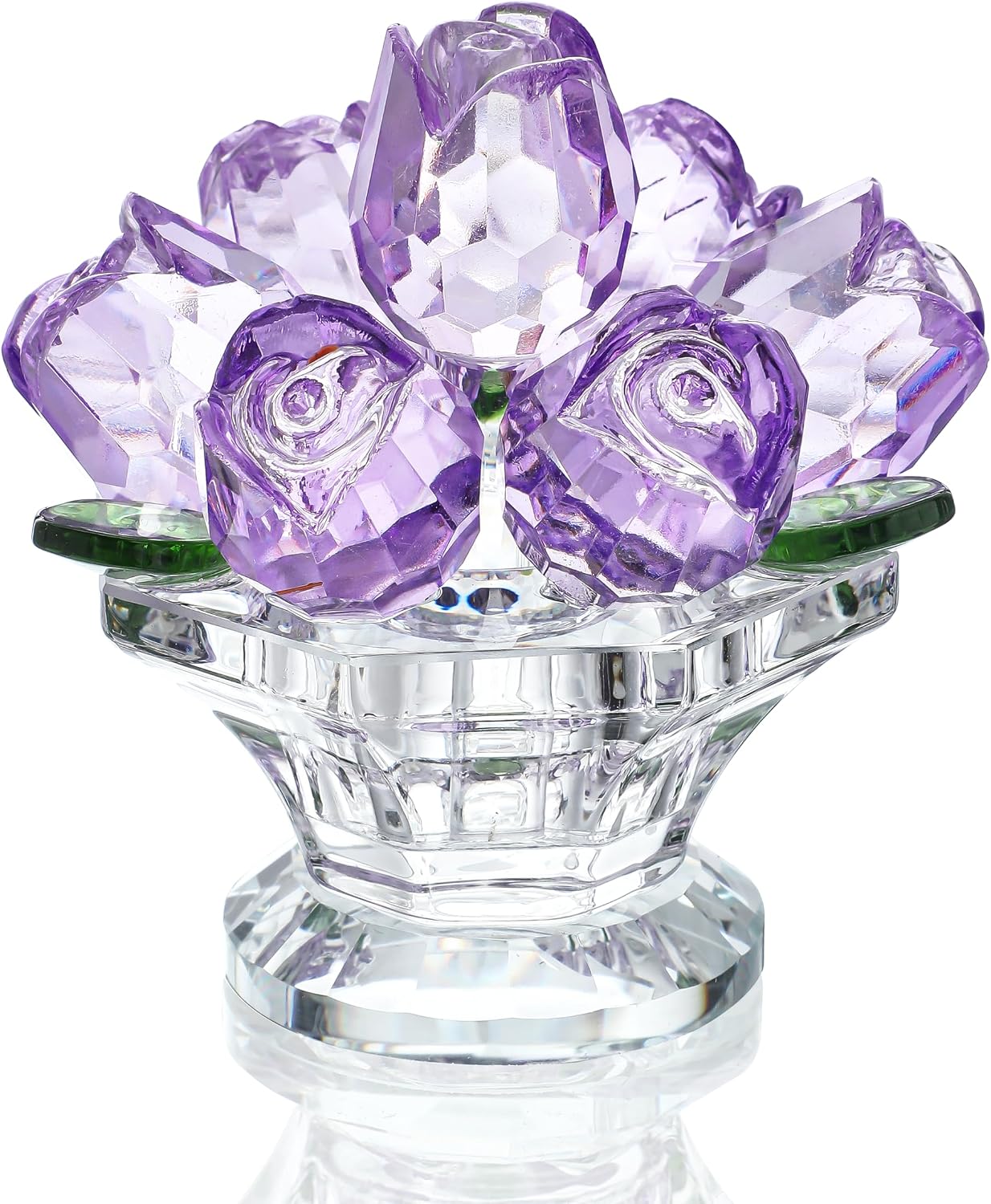 H&D HYALINE & DORA Handcraft Crystal Purple Rose Flower Figurine with Crystal Base, Glass Rose Flower Gift
