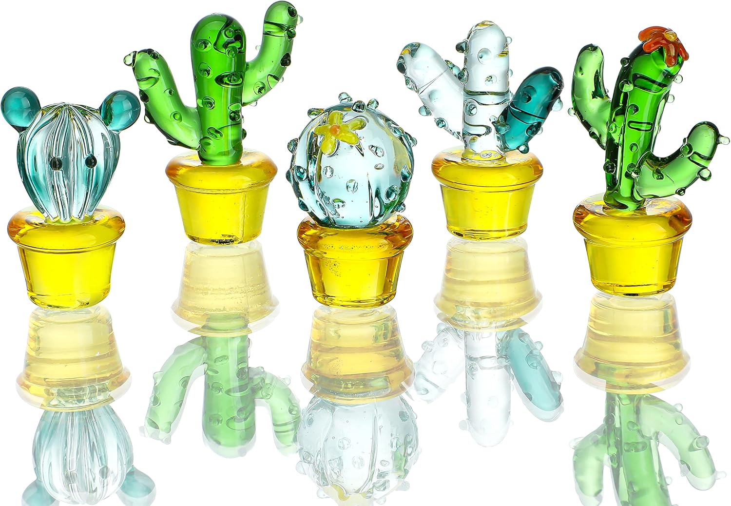 5pcs Glass Cactus Art Hand Blown Figurines Glass Miniature Cactus Simulation Desert Plants Collectibles Home Table Decoration Ornament