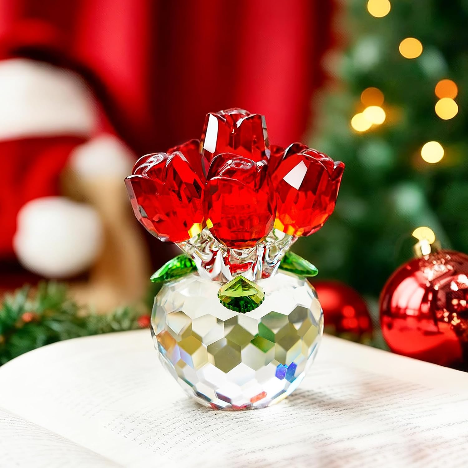H&D HYALINE & DORA 3.3IN Crystal Red Rose Figurine Ornament,Rose Flower Gifts