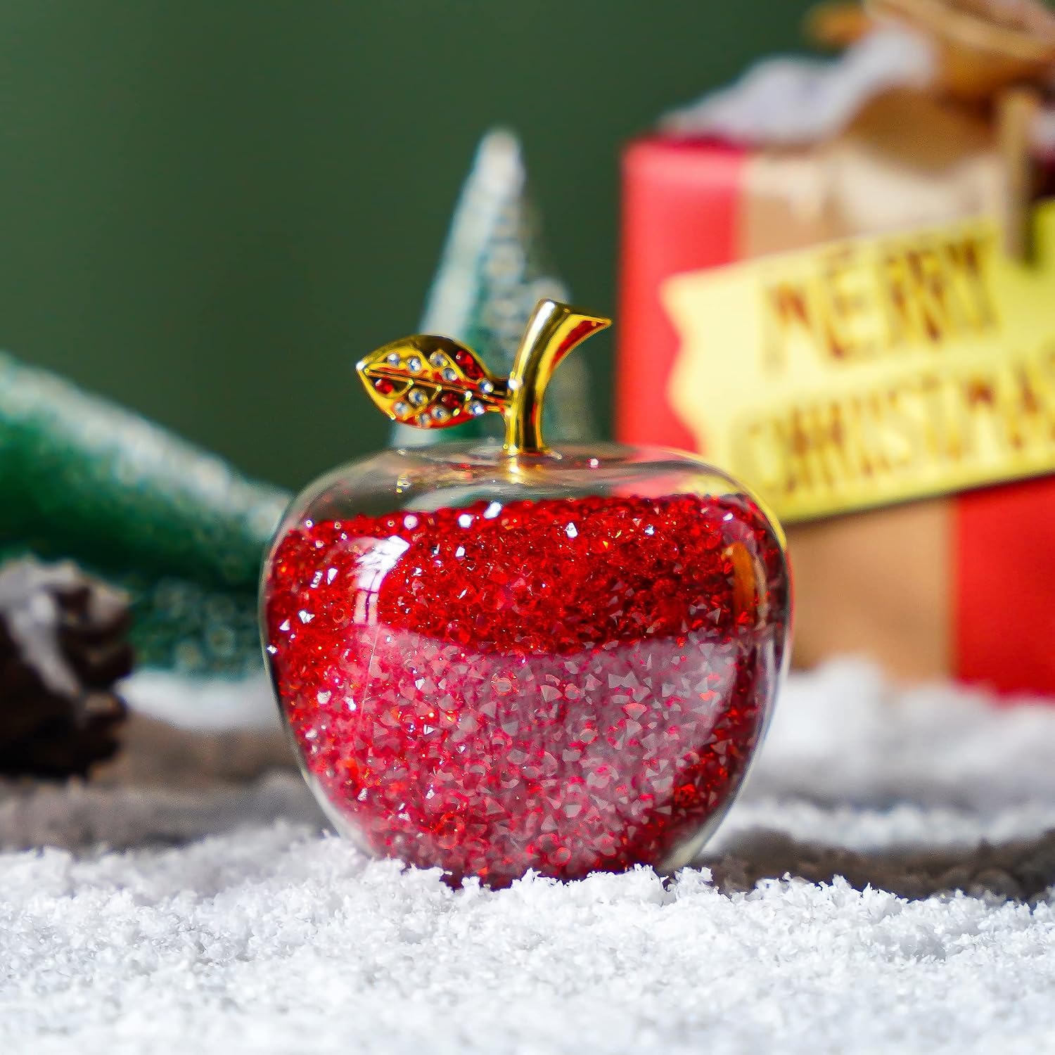 H&D HYALINE & DORA Red Crystal Apple Figurine Paperweight, Glass Apple Collectible with Filling Rhinestones Ornament
