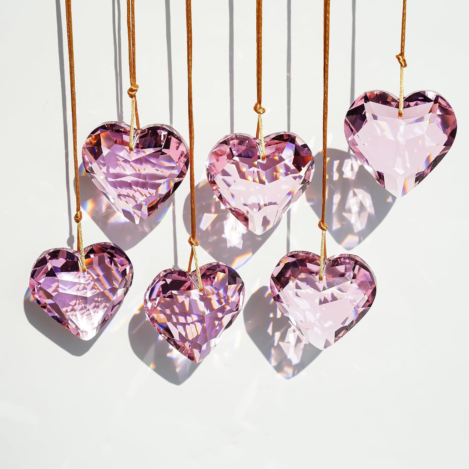 H&D HYALINE & DORA 6pcs Pink Heart Crystal Ornaments Valentine's Day Heart Shaped Ornaments Rainbow Hanging Crystals Ornament Pendant