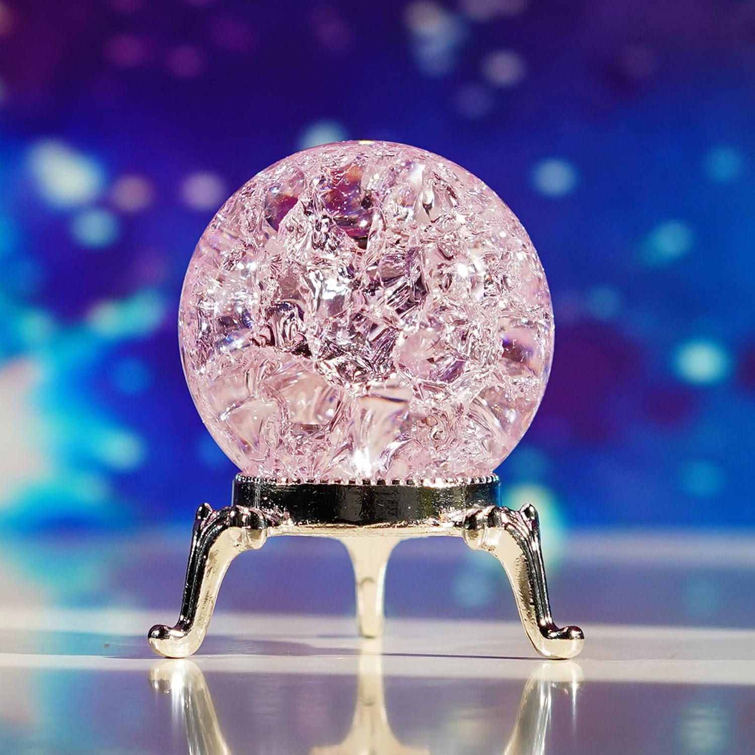 H&D HYALINE & DORA 40mm Pink Crystal Ball Paperweight with Cracked, Crystal Glass Ice Cracked Ball with Stand Accessories Rockery Ornament