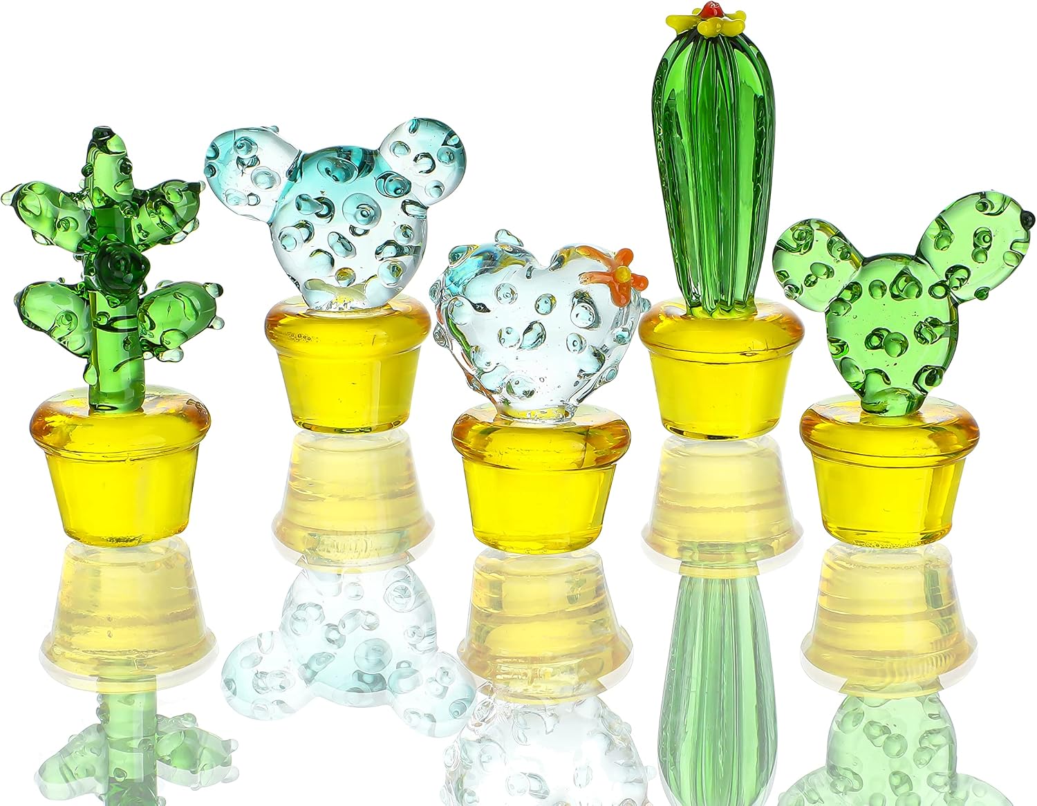 H&D HYALINE & DORA 5PCS Handmade Blown Glass Art Cactus Crystal Miniature Cute Cactus Figurines Home Office Desk Tabletop Simulation Plants Decorations Car Inner Ornaments