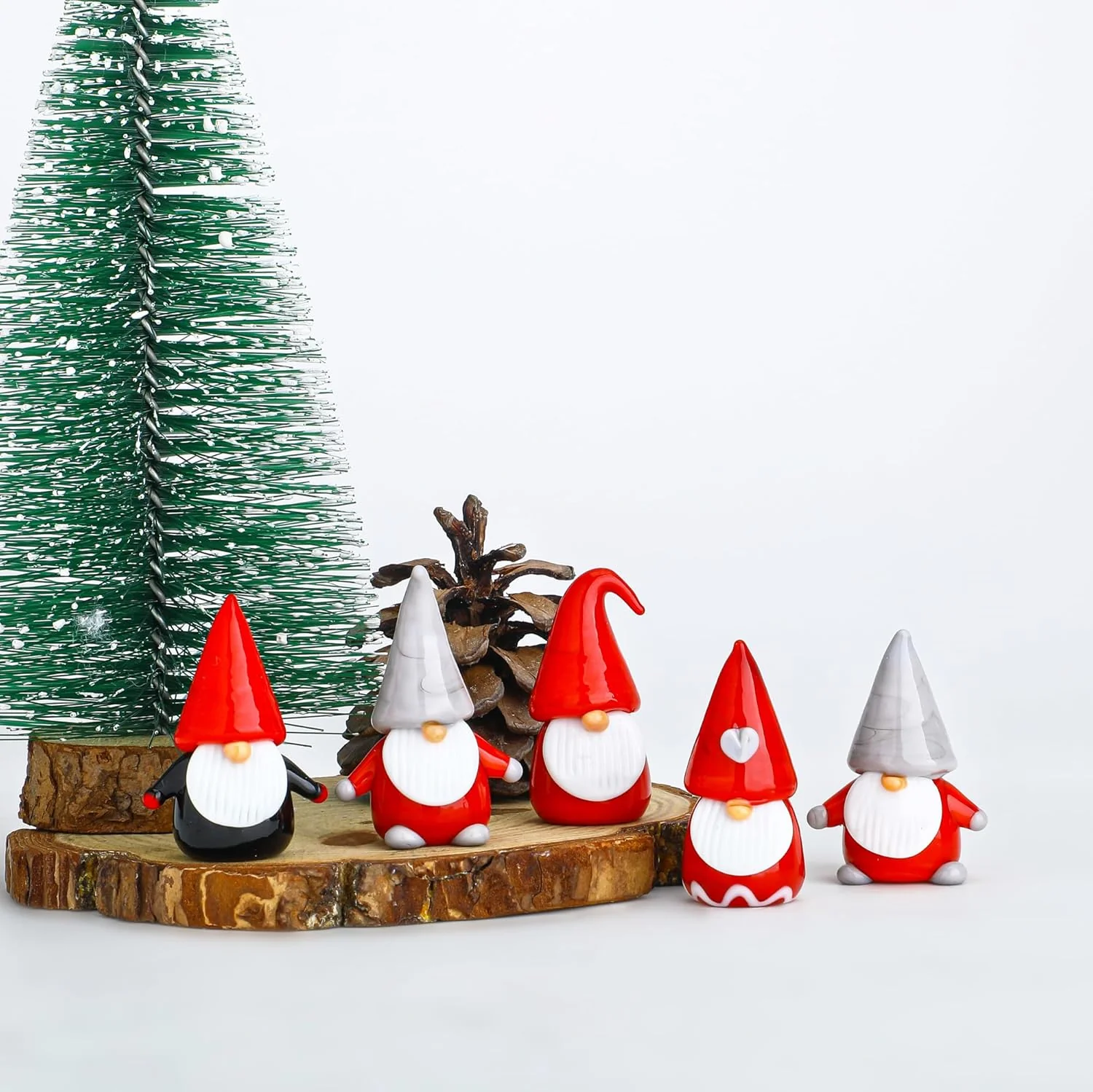 H&D HYALINE & DORA 5Pcs Glass Christmas Gnomes Figurines,Handmade Christmas Gnomes Decorations,Mini Glass Santa Figurines
