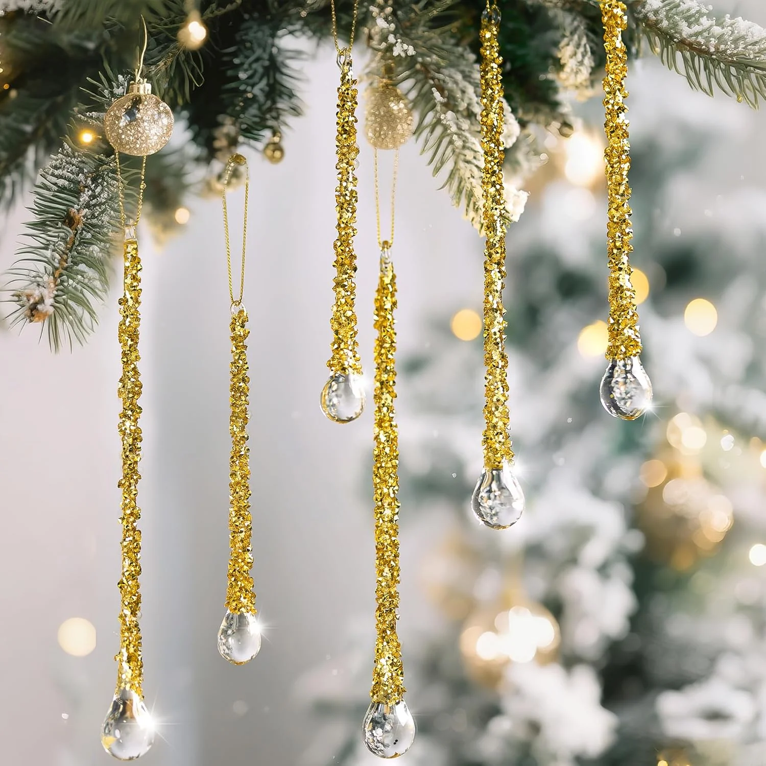 H&D HYALINE & DORA 6" and 8" Golden Glass Icicle Drop Ornaments Glass Icicles Hanging Ornament