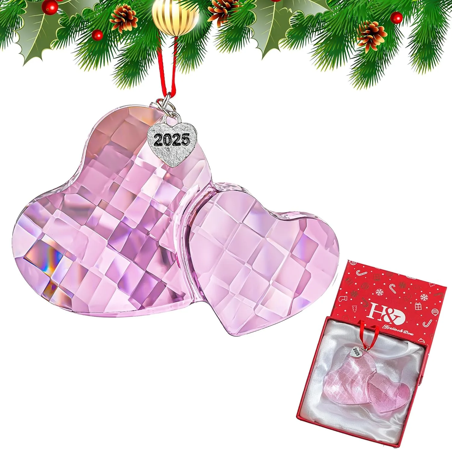 H&D HYALINE & DORA Pink Double Heart Ornaments Crystal Christmas Ornament 2025 Christmas Glass Hanging Ornament