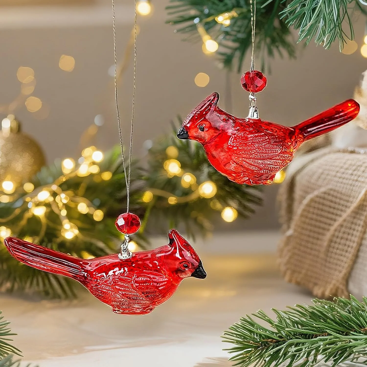 H&D HYALINE & DORA Set of 2 Christmas Cardinal Ornaments Crystal Red Cardinal Bird Hanging Ornament