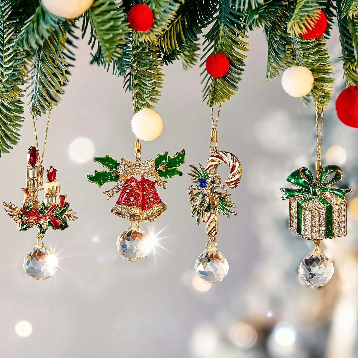 H&D HYALINE & DORA Set of 4 Christmas Sun Catcher with Crystals Cane/Box/Bell/Candle Hanging Crystal Prism Suncatcher