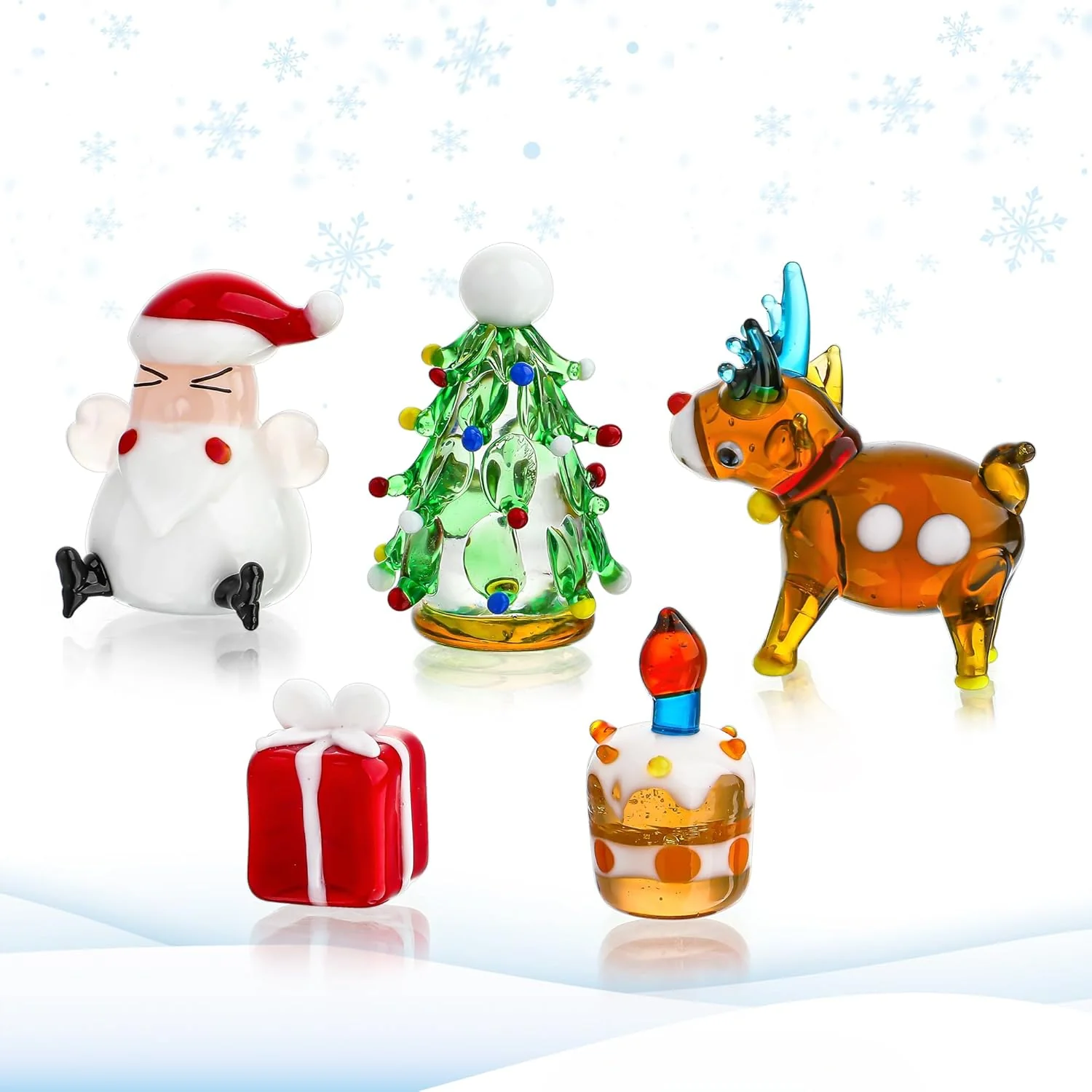 H&D HYALINE & DORA Set of 5 Blown Glass Christmas Figurines Miniature Christmas Holiday Figurines Handmade Christmas Ornaments Table Centerpiece