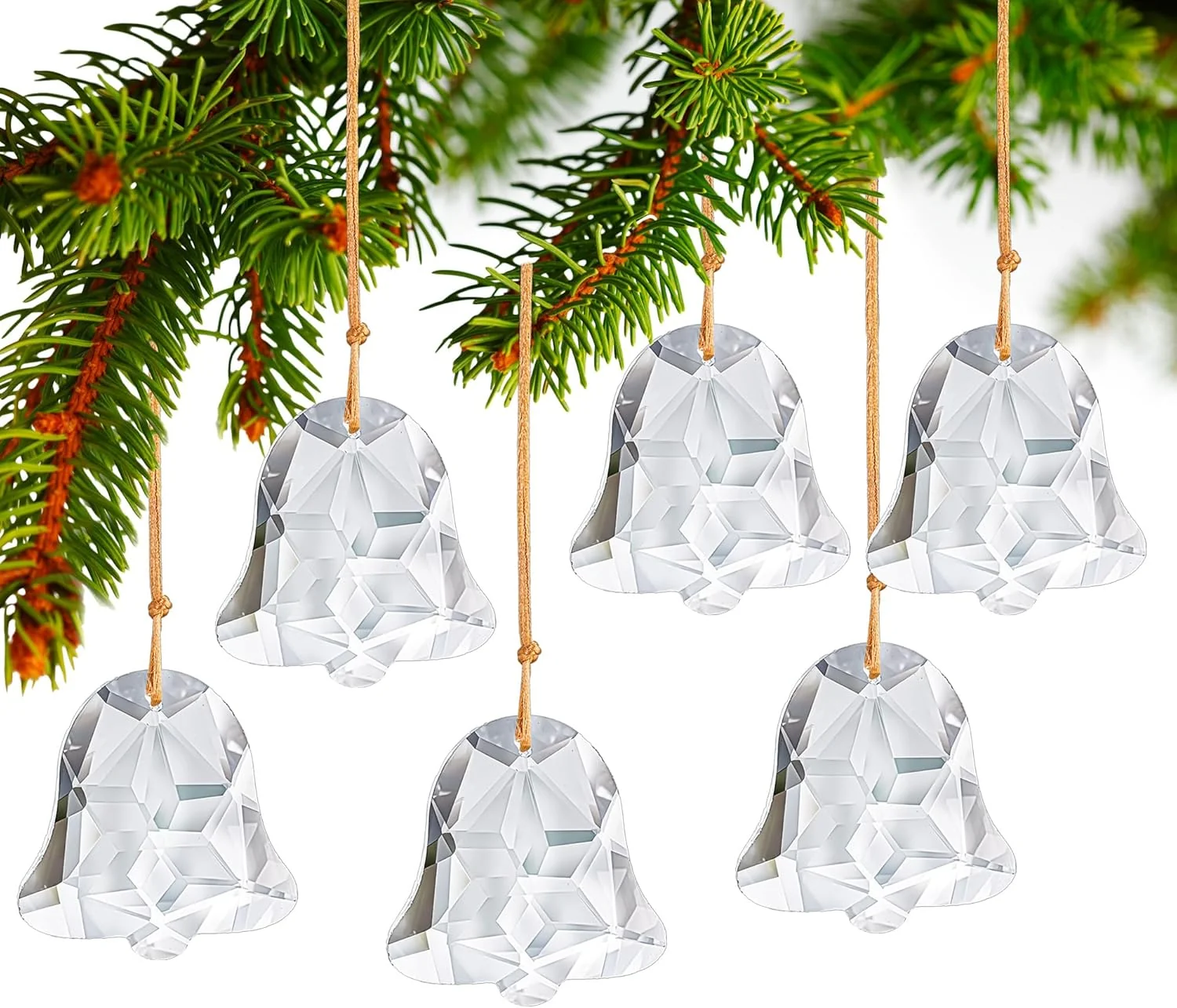 H&D HYALINE & DORA Set of 6 Crystal Christmas Ornaments Clear Faceted Glass Christmas Bell Hanging Ornaments